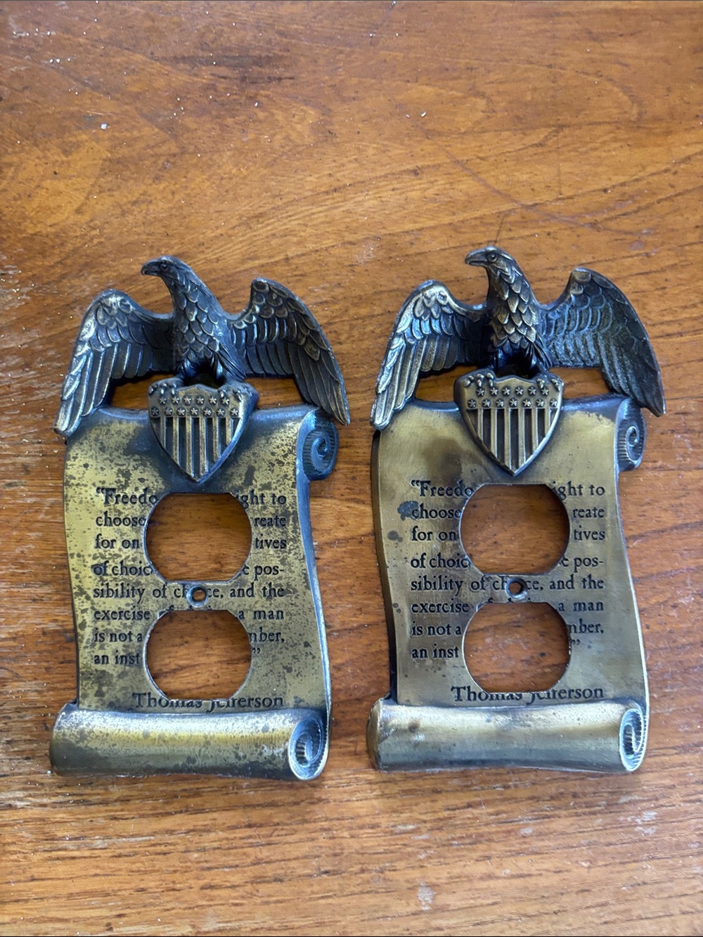 1967 GIM M.C.CO. pair of brass electric outlet covers w/eagles & Jefferson quote